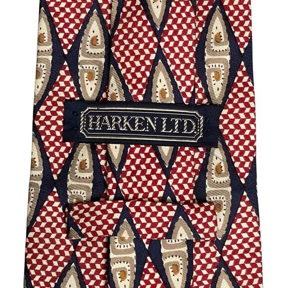 Harken Ltd 100% Silk Tie Red/Navy Geometric Diamond Medallion - Picture 4 of 7